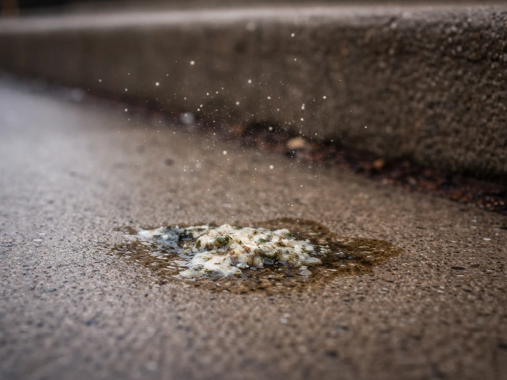 Close-up of wet bird droppings on a sidewalk with faint airborne pathogen-like particles in natural light.