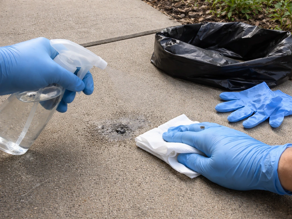 Gloved hands wet and wipe small bird droppings with paper towels, ready to bag waste safely.