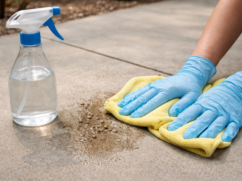 Gloved hand wipes wet bird droppings on an outdoor concrete patio, then disinfectant is applied nearby.