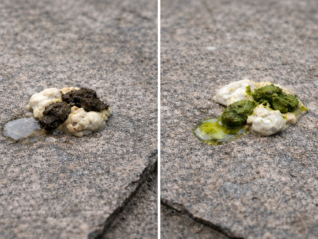 Side-by-side close-up of normal bird droppings vs green-tinted droppings with distinct white urates and watery urine.