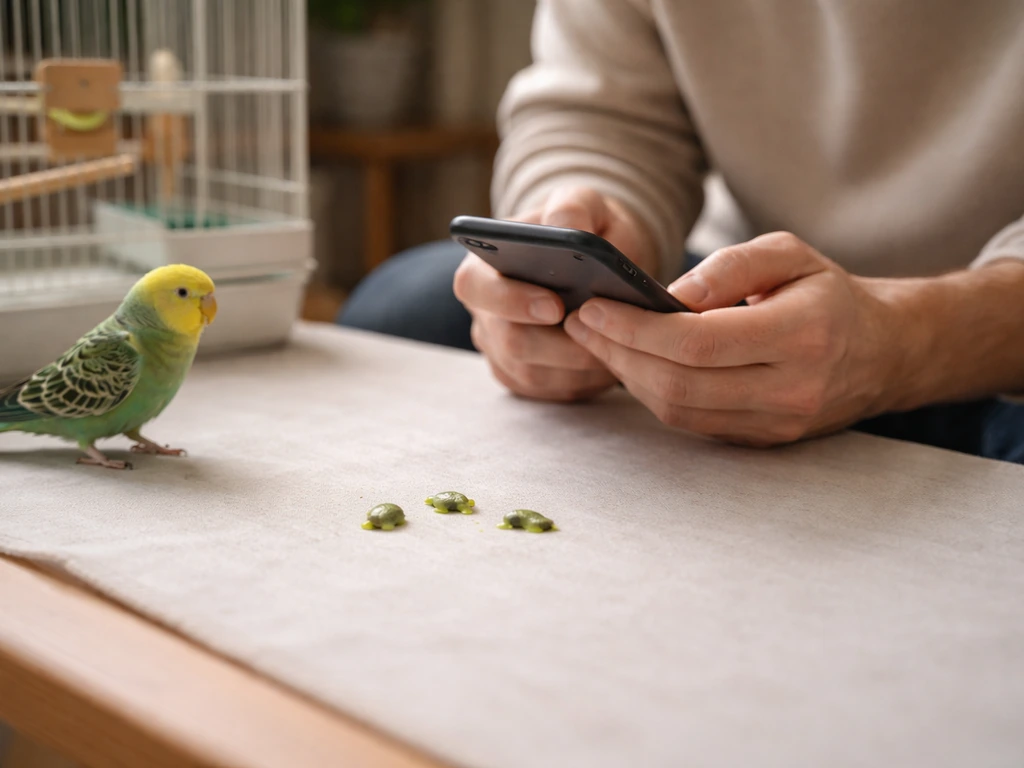 Pet bird owner in a simple room inspecting green droppings near a small bird