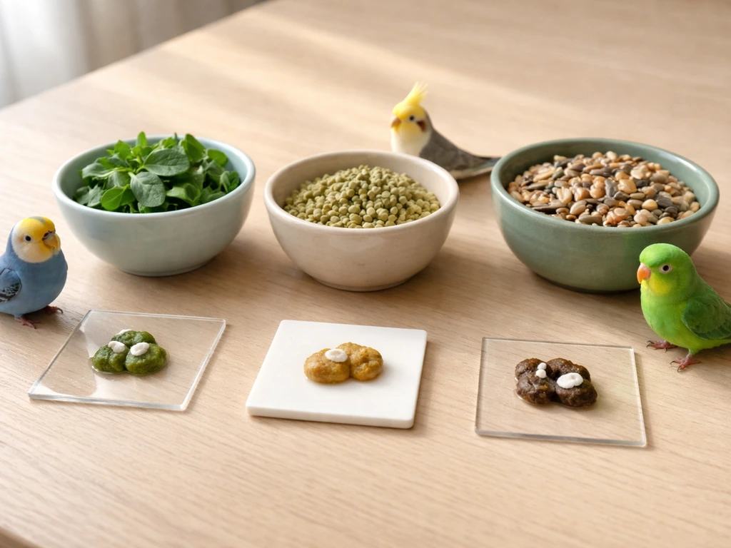 Colorful bird droppings swatches beside small bird bowls on a clean tabletop