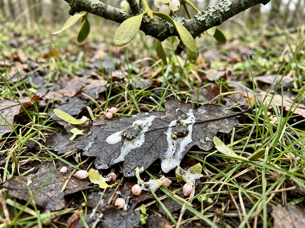 Close-up of wet bird droppings on the ground under a mistletoe branch.
