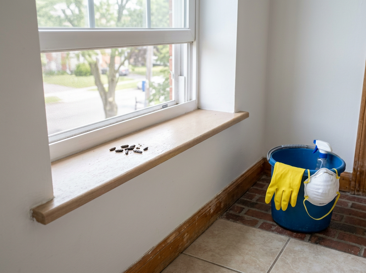 Small amount of droppings on an indoor windowsill beside an open window.