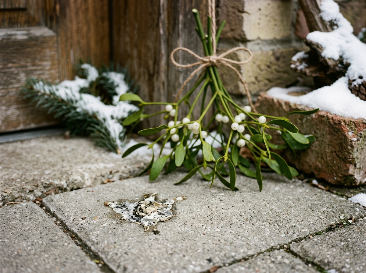Mistletoe sprig near a doorway beside a small piece of bird droppings on stone.