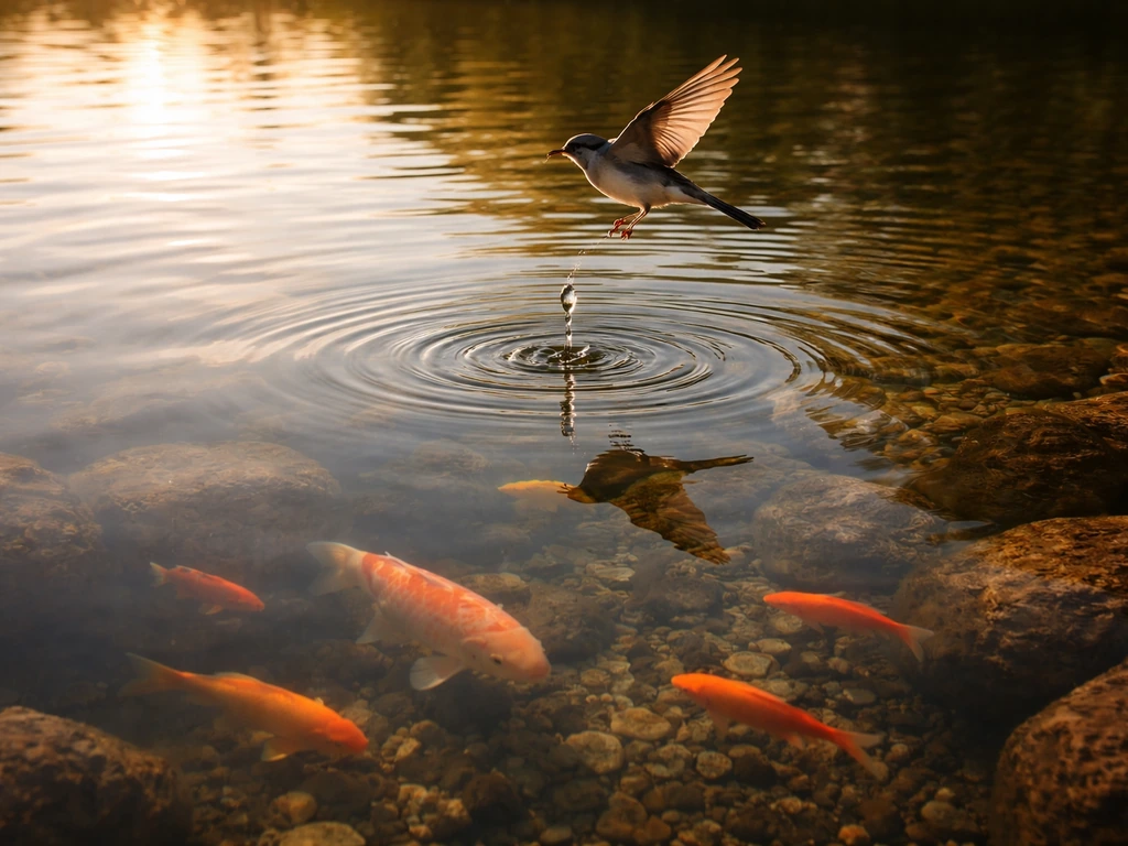 Bird dropping falling above a koi pond with koi/goldfish visible beneath the water surface.