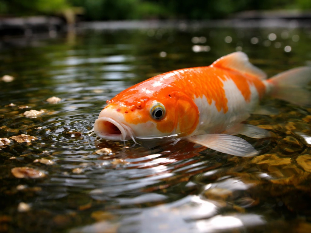 A koi/goldfish near the pond surface mouths water as if feeding, with subtle ripples and reflections.