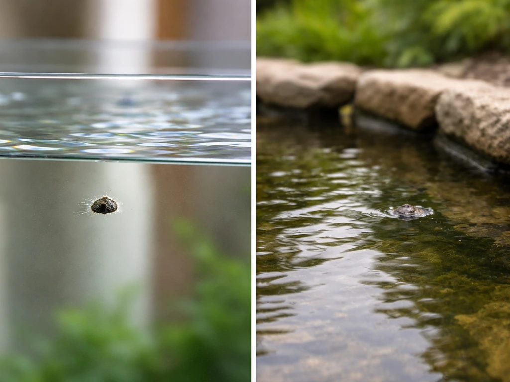 Split scene: indoor aquarium with a single bird dropping on glass, and an outdoor pond with similar incident.