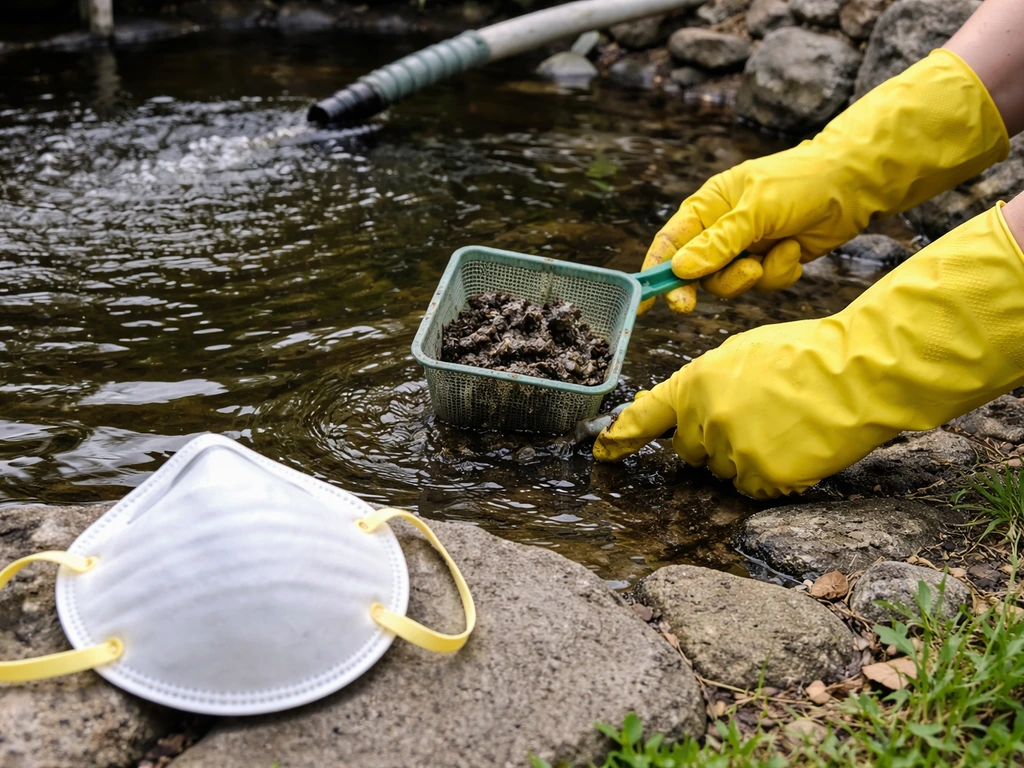 Gloved hands wearing an N95 mask scoop debris from a pond while managing water filtration.