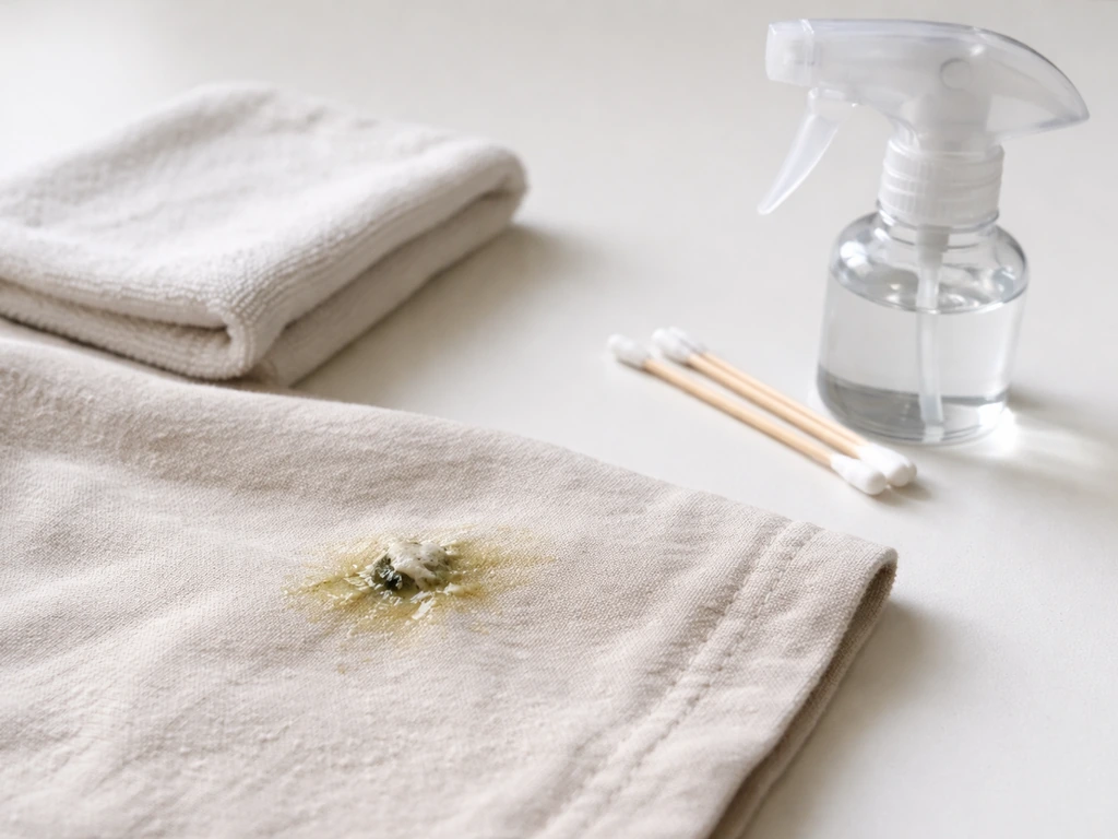 Close-up of light fabric with a bird poop stain, microfiber cloth and cleaning tools nearby