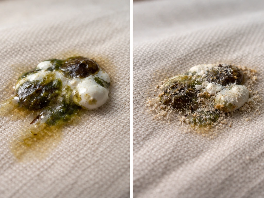 Close-up of fresh and dried bird droppings on fabric fibers, showing wet smear vs crusty flakes.