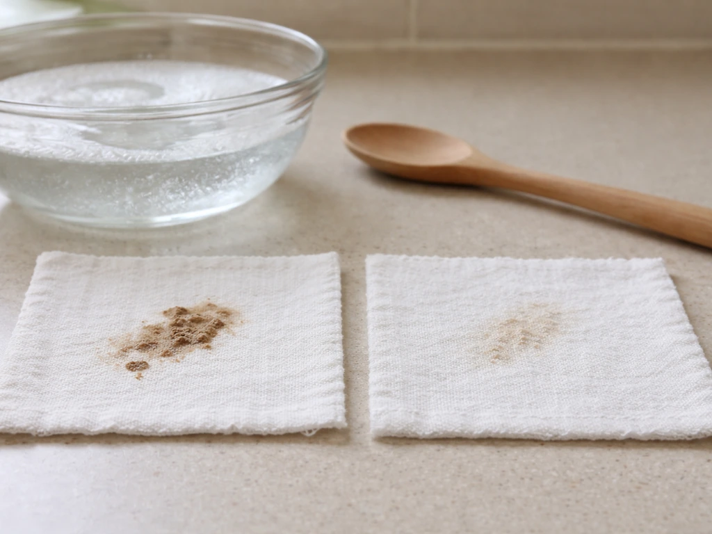 Two small fabric swatches showing bird poop-like dark stain vs lighter restored fabric after oxygen soak.