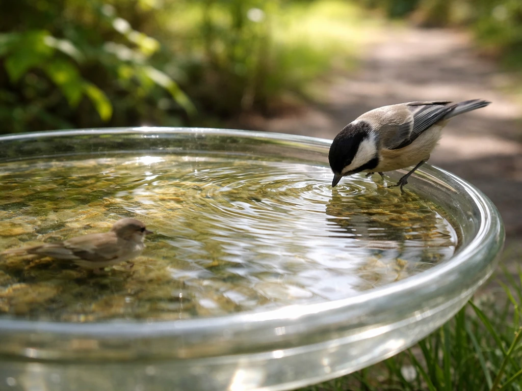 A small wild bird drinks and splashes in a clear, shallow bird bath with ripples and reflections.