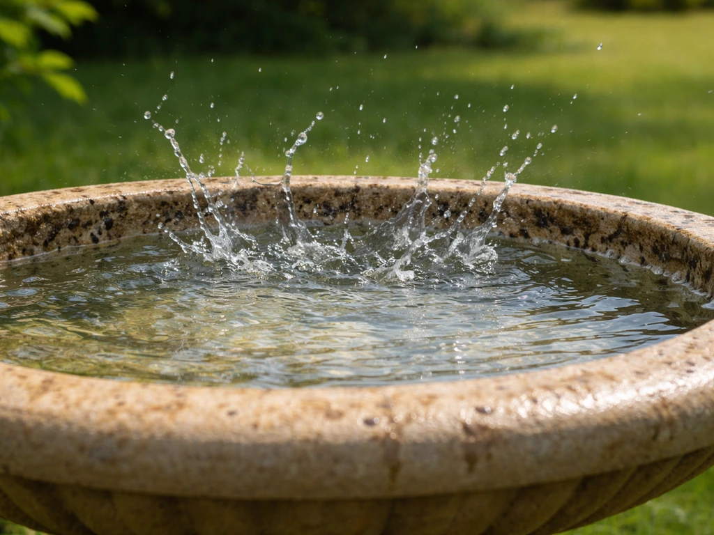 Bird bath with water splashes near the rim showing how droppings could get wiped around