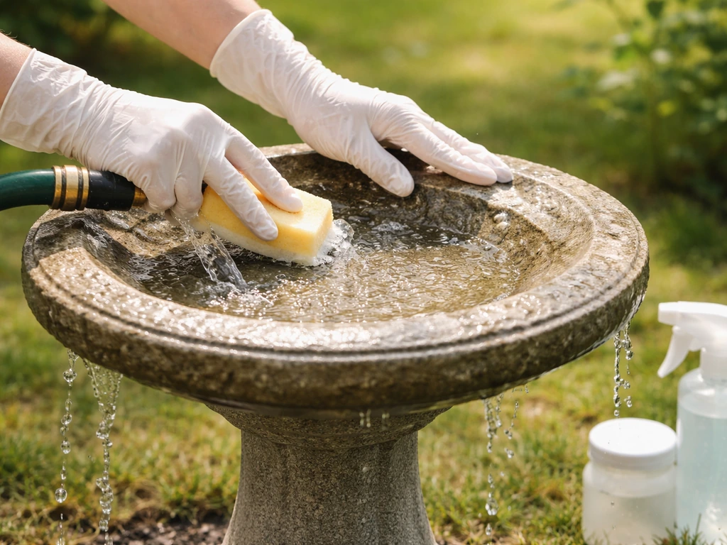 Gloved hands rinse and gently scrub a backyard bird bath basin with water and safe cleaning.