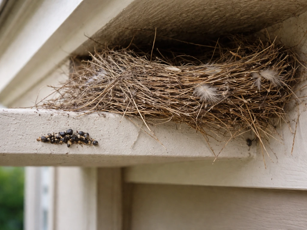 A bird nest woven from twigs and fibers on a home ledge, with nearby distinct droppings.