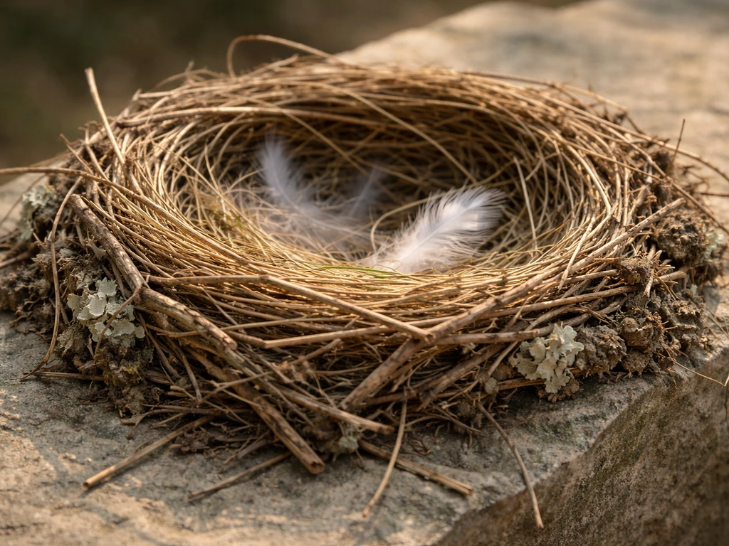 Closeup of bird nest materials—twigs, grass, feathers, and mud/lichen—on a ledge in natural light.