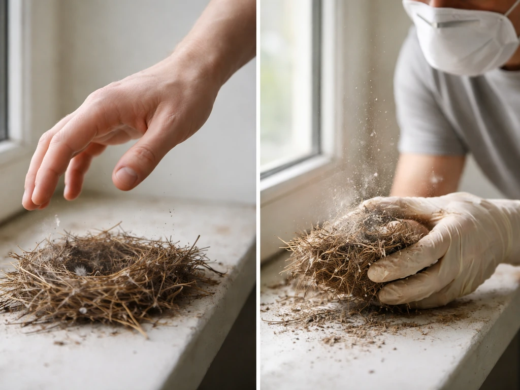 Two-panel style photo: bare hands near bird-nest debris vs. masked cleanup releasing dust outdoors
