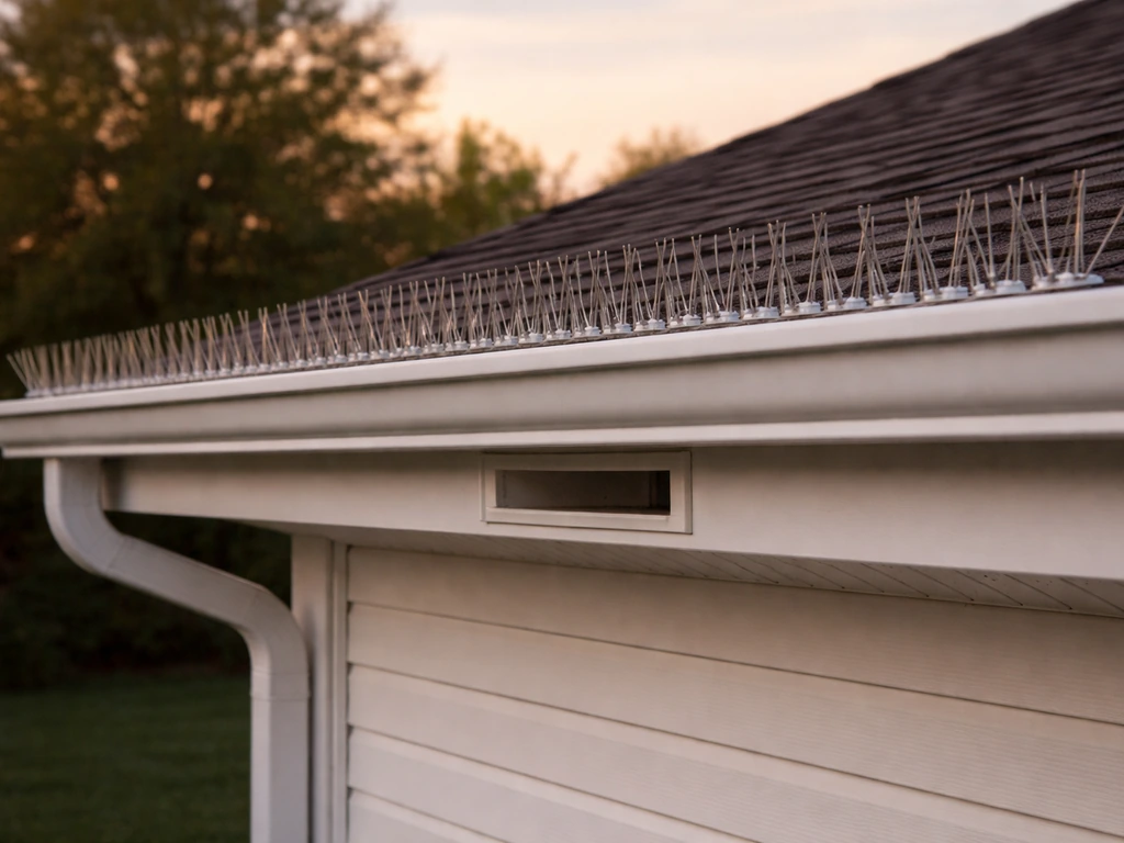 Close-up of bird spikes and sealed eave opening installed to prevent nesting and droppings.