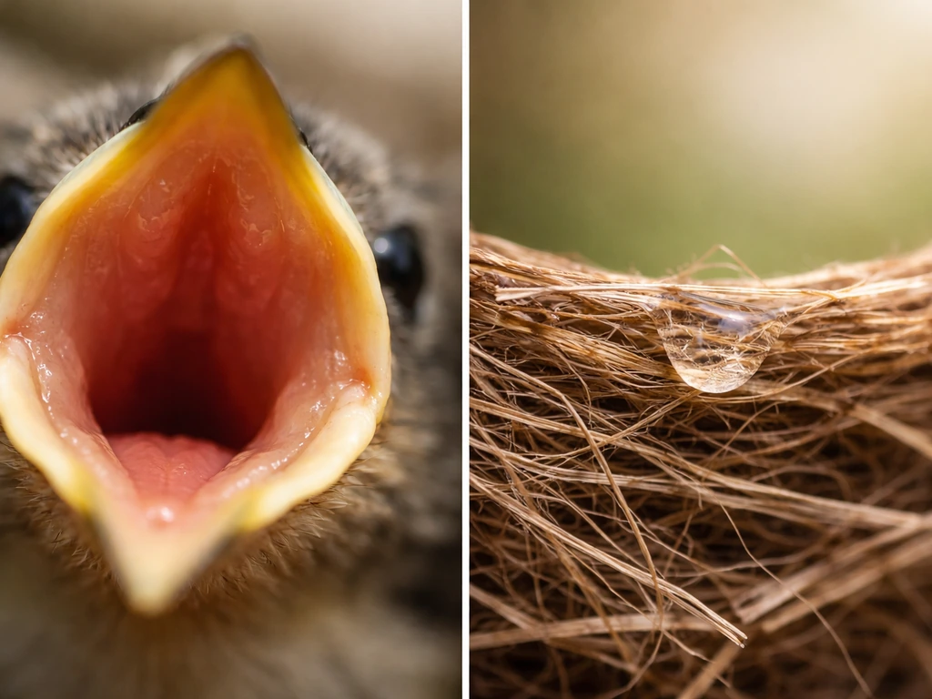 Close-up of an open bird gape with saliva-like gloss versus a separate droplet-like residue on a nest rim.