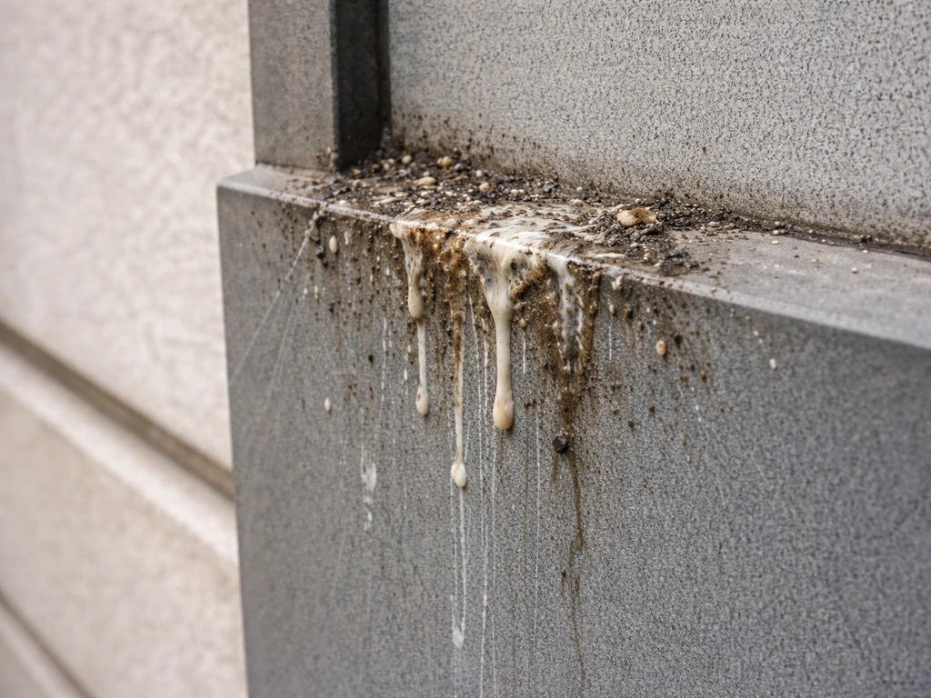 Outdoor vertical ledge with visible wet streaks and dried bird droppings residue indicating surface contamination.