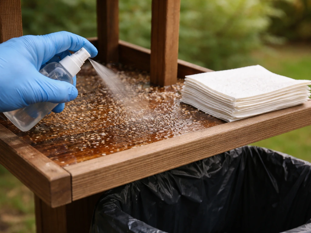 Gloved hand sprays bird residue on a wooden feeder, with disposable towels and a trash bag nearby.