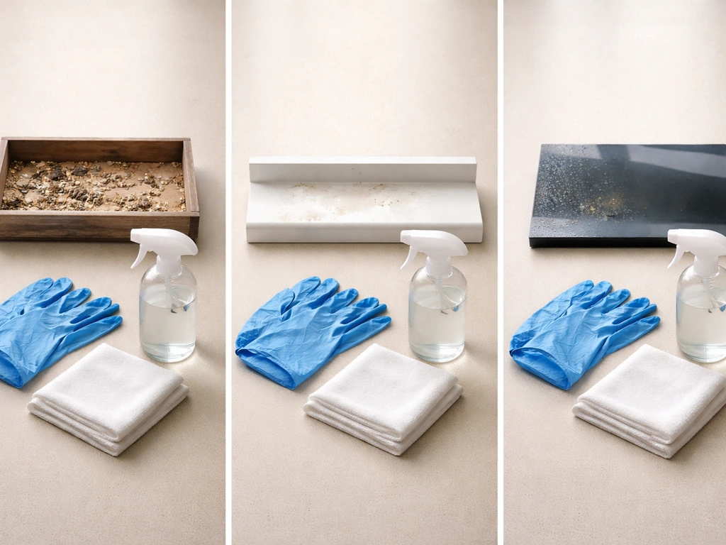 Three cleanup scenario props (bird feeder, window ledge, car swatch) with gloves, spray, and cloth.