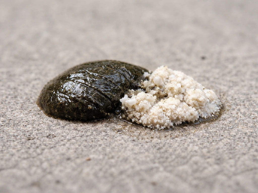 Close-up of bird droppings showing dark feces with distinct white/cream urate crystals in minimal setting.