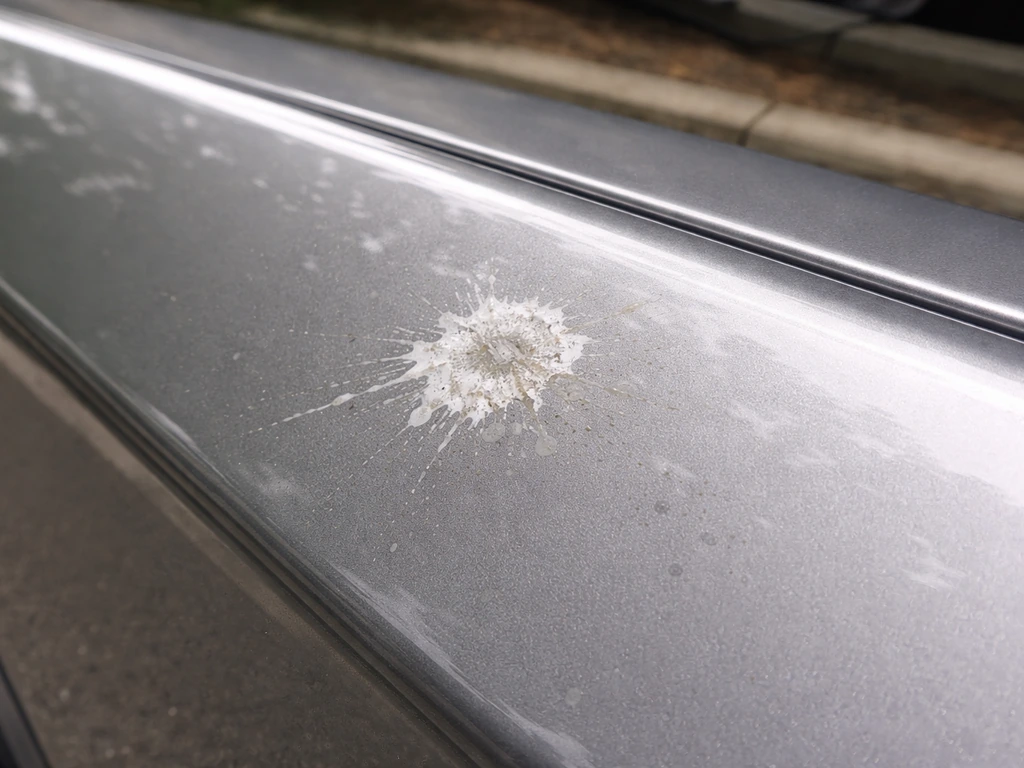Close-up of car paint panel with white bird droppings residue and chalky urate staining.
