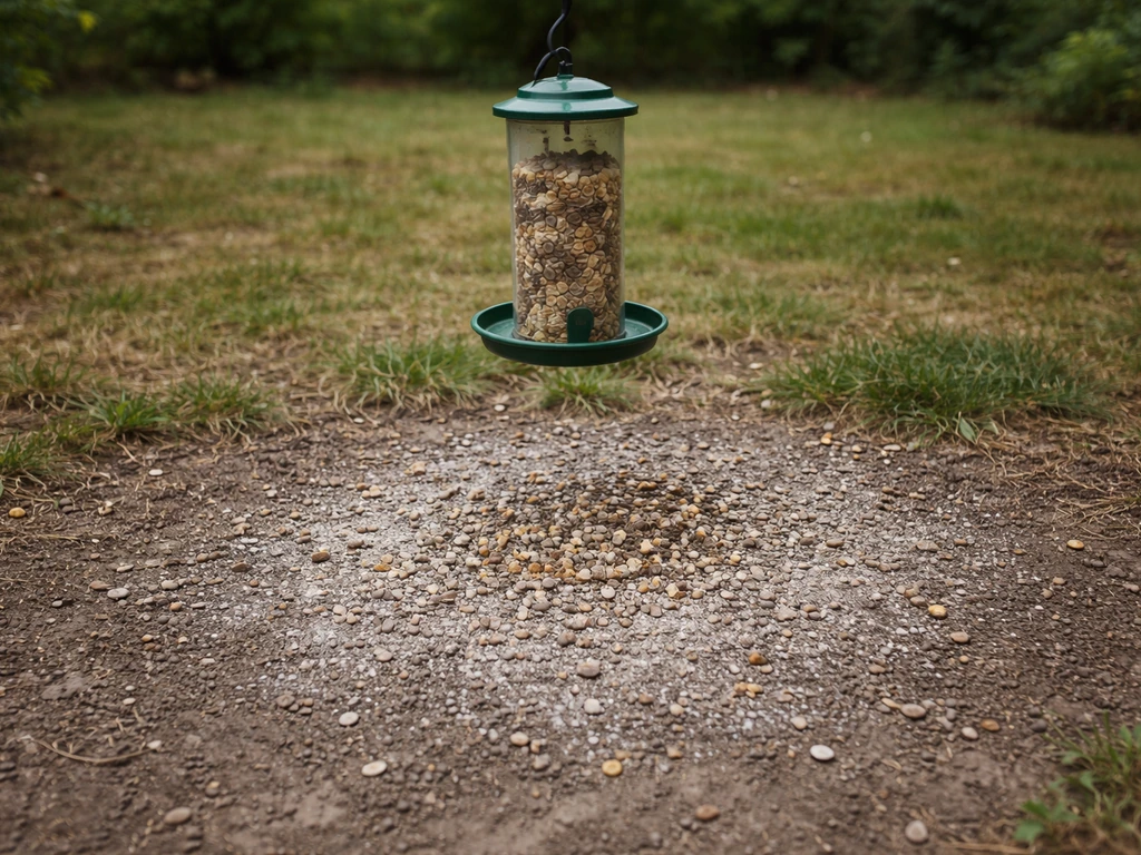 White residue and spilled birdseed under a backyard bird feeder on the ground