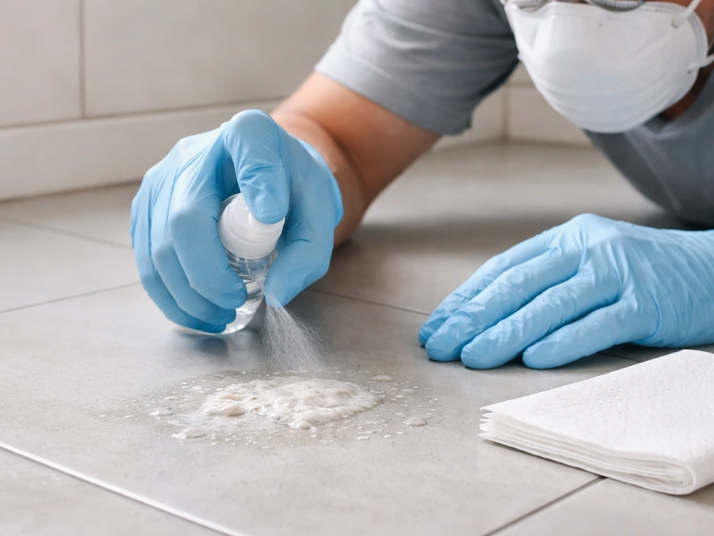 Anonymous gloved hands wearing an N95 gently wet bird droppings on sealed tile for safe cleanup.