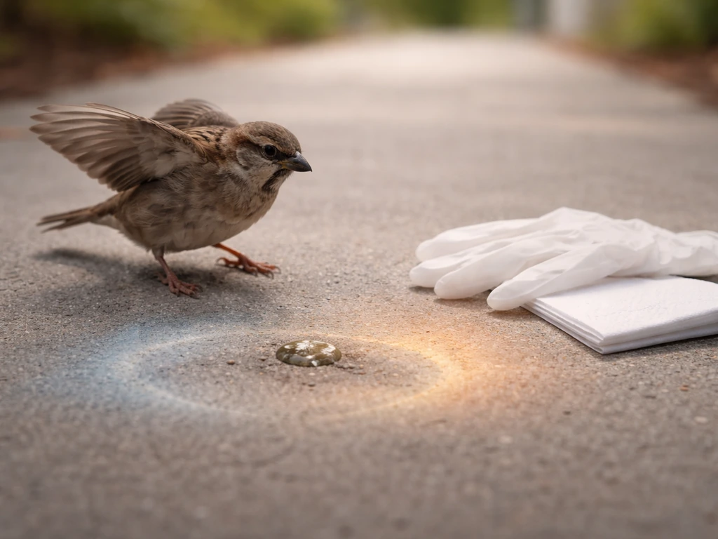 Small bird droppings on a sidewalk as a bird lands nearby, with a subtle acid/alkaline safety cue.