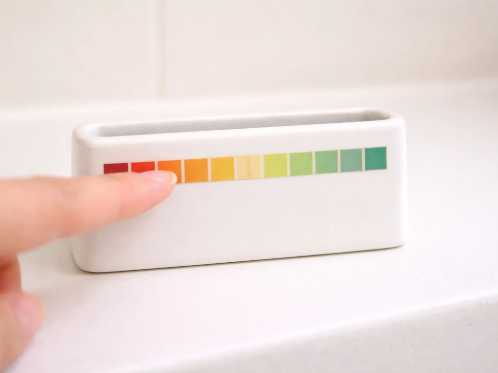 Close-up of a pH test strip with neutral-color midpoint centered and a finger pointing to mildly acidic values.