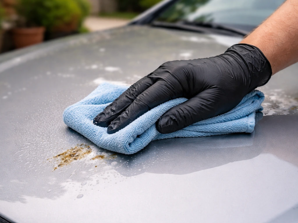Gloved hand gently wiping damp bird droppings off a car hood with a microfiber cloth.