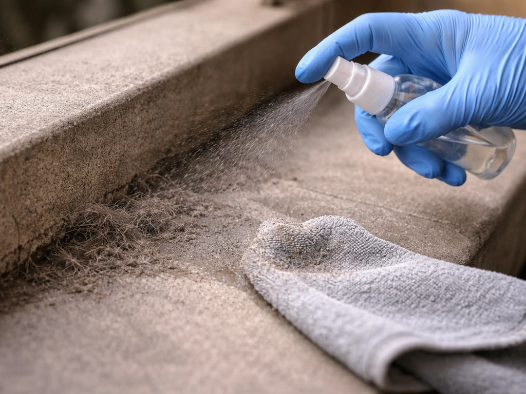 Close-up of a gloved hand wetting dirty outdoor debris before wiping to avoid dry dust