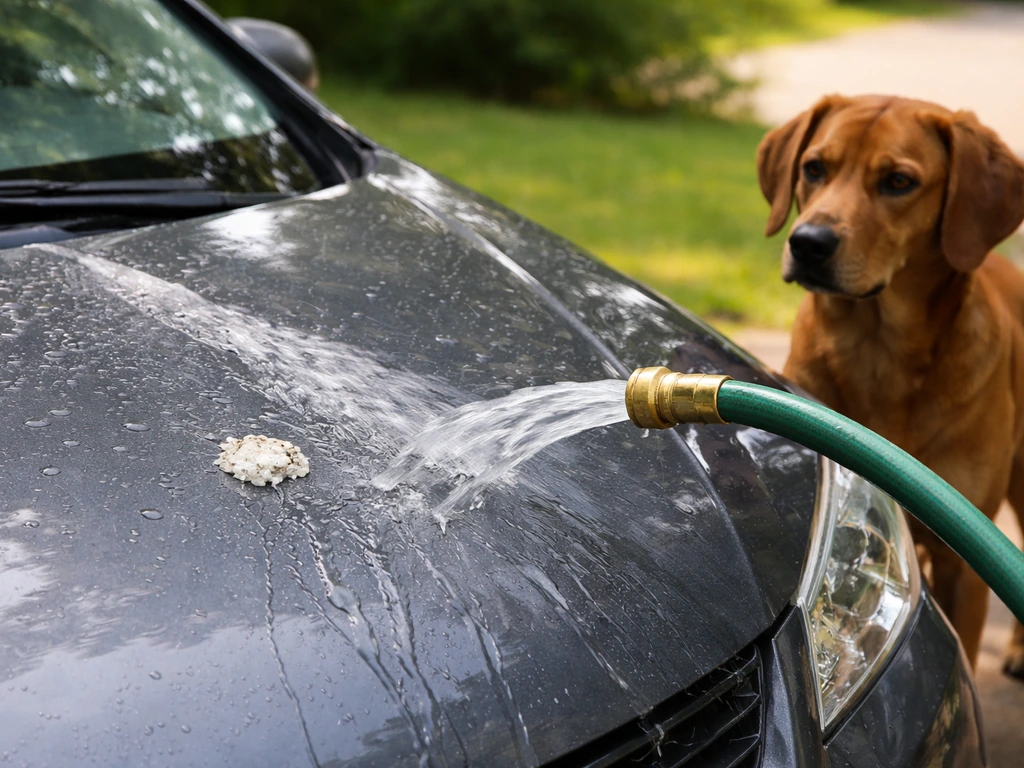 Dog gently rinsing bird droppings off a car hood with a hose in bright daylight.