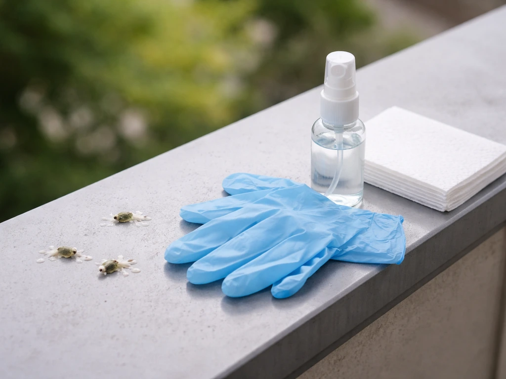 Bird droppings on a car hood edge with gloves and a spray disinfectant for safe cleanup.