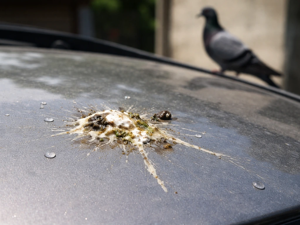 Close-up of fresh bird droppings on a car hood with subtle water droplets in natural daylight.