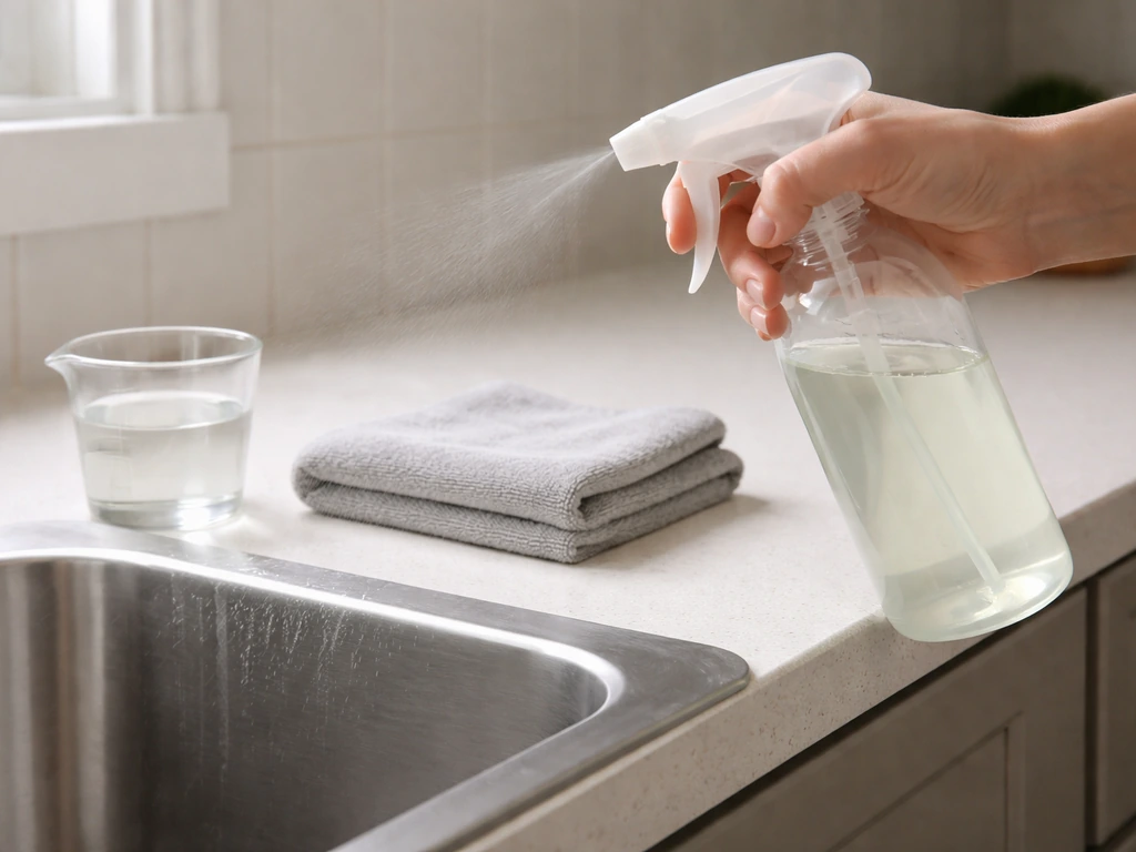 Hands spraying a pale bleach-water solution into a sink, with a cloth and measuring cup nearby.