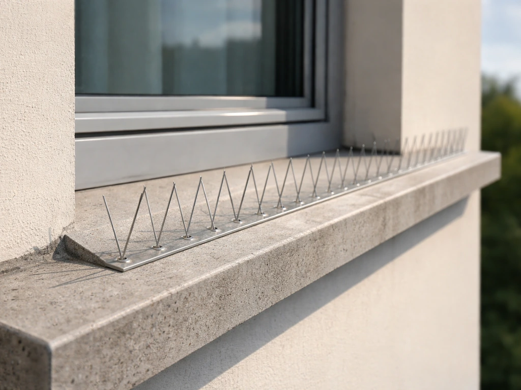 Close-up of bird spikes installed along a building ledge to prevent birds from landing and roosting.