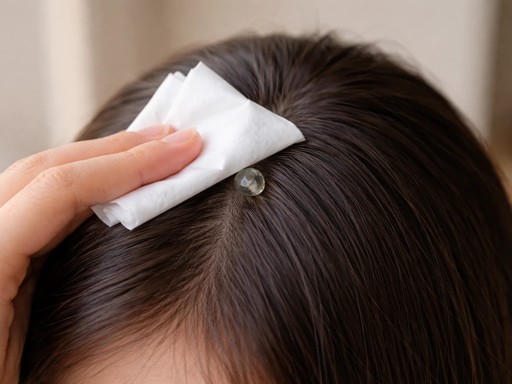 Tissue covering a small bird droplet on hair, emphasizing not to touch it bare-handed first.