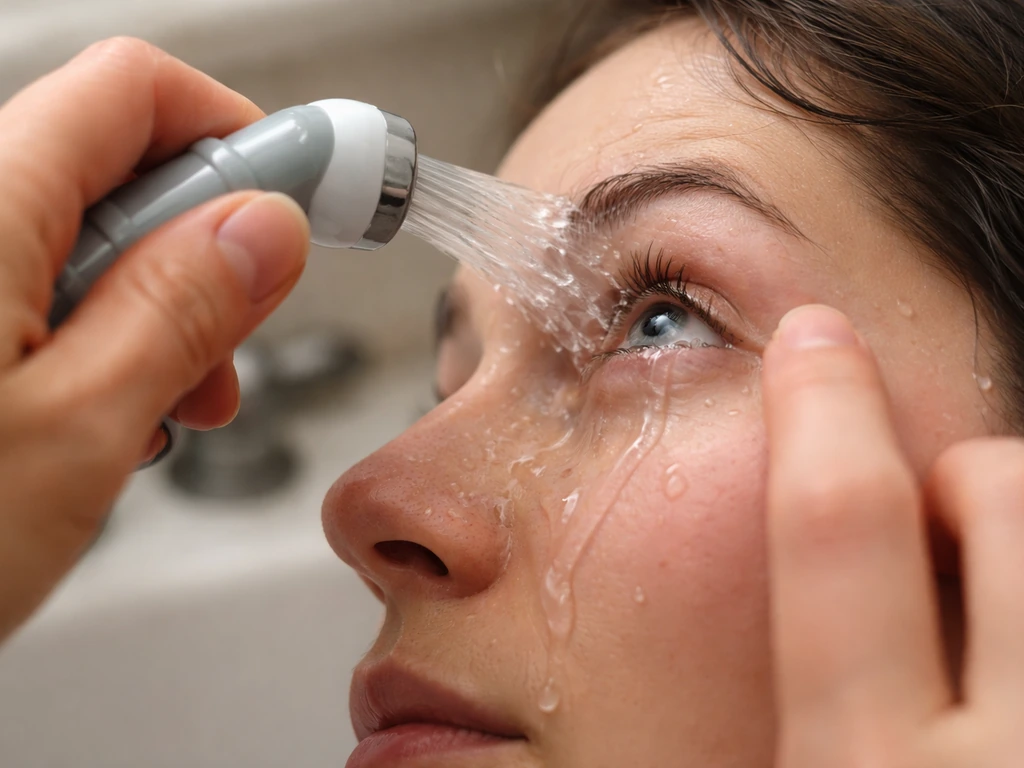 Hands holding a faucet-like stream as clean lukewarm water flushes an open eye