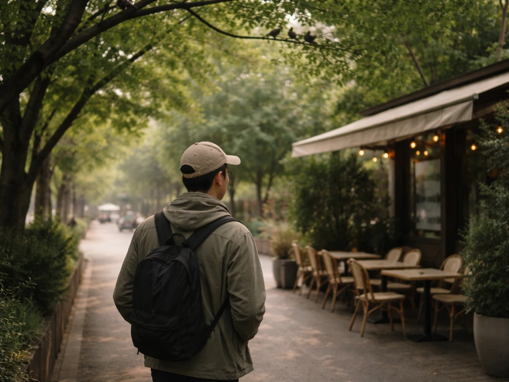 Person in a cap walking outdoors near trees with birds perched in the background