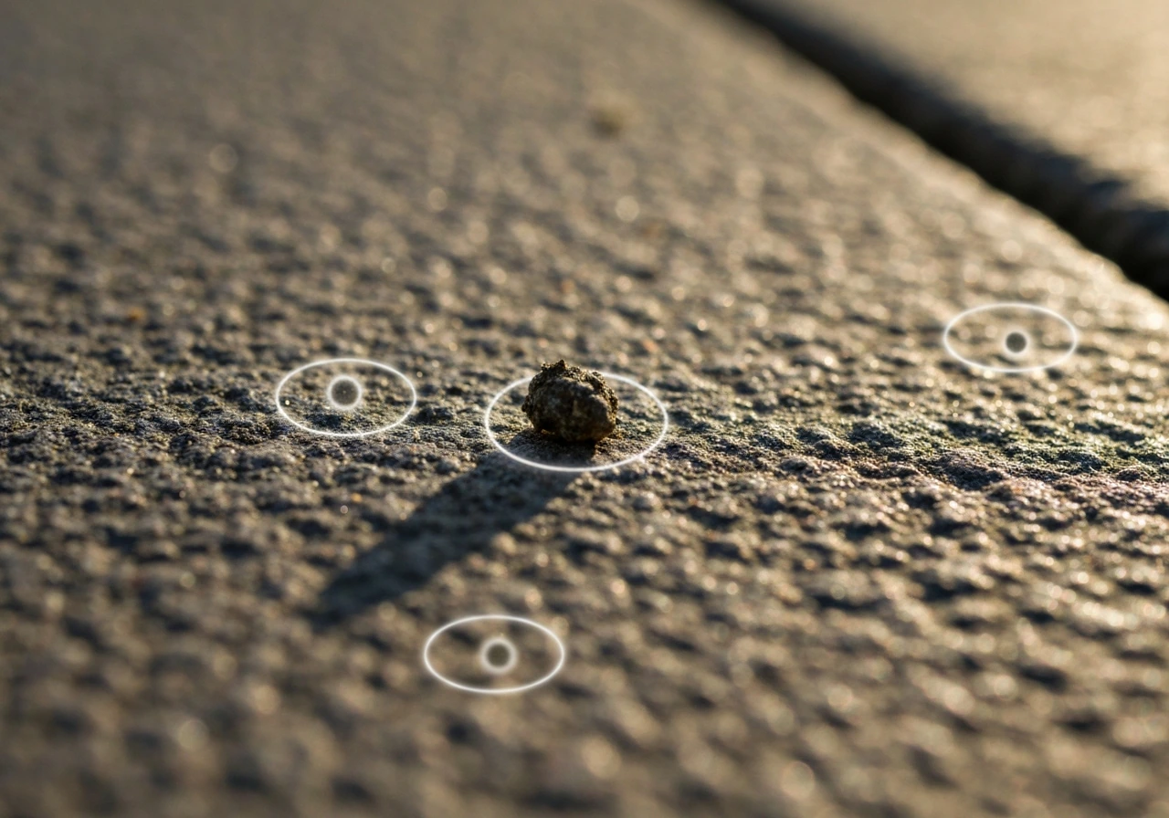 Macro close-up of bird droppings texture on rough ground with subtle halos suggesting airborne microscopic risk.