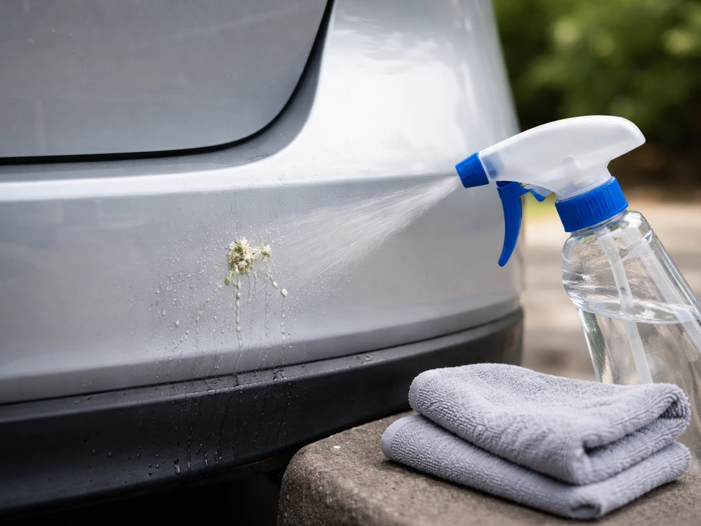 Wet cloth and spray bottle soaking a small bird droppings spot on a parked car before wiping