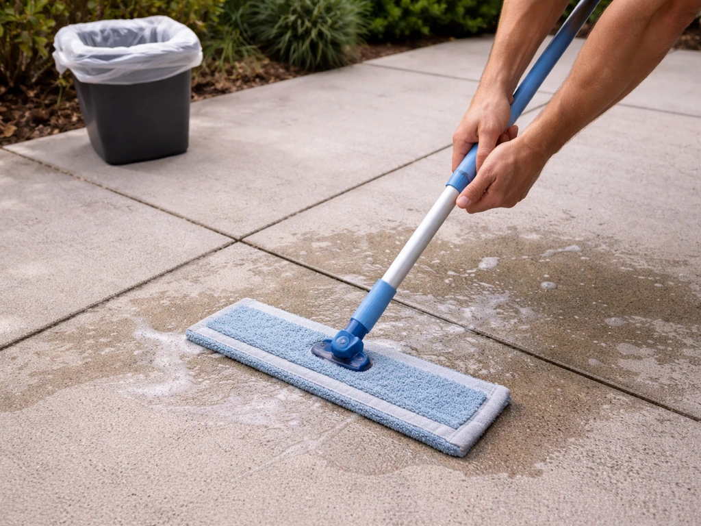 Person mopping a patio after soaking bird droppings, with a bag-ready trash liner nearby.