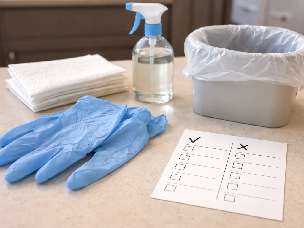 Disposable nitrile gloves beside paper towels, disinfectant spray, and a blank do/don’t checklist card.