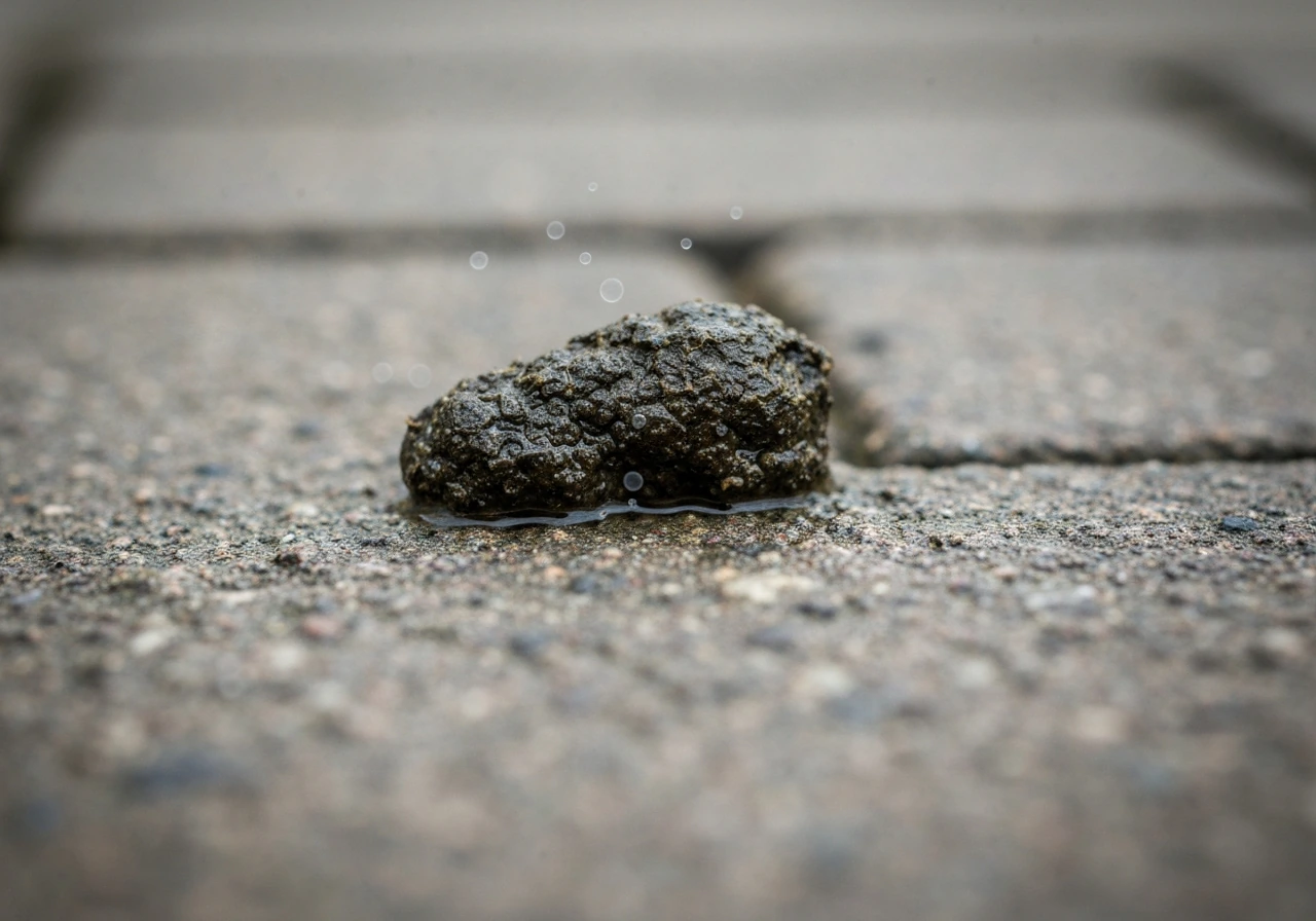 Macro photo of bird droppings with a few visible spore-like particles in moist surface on pavement