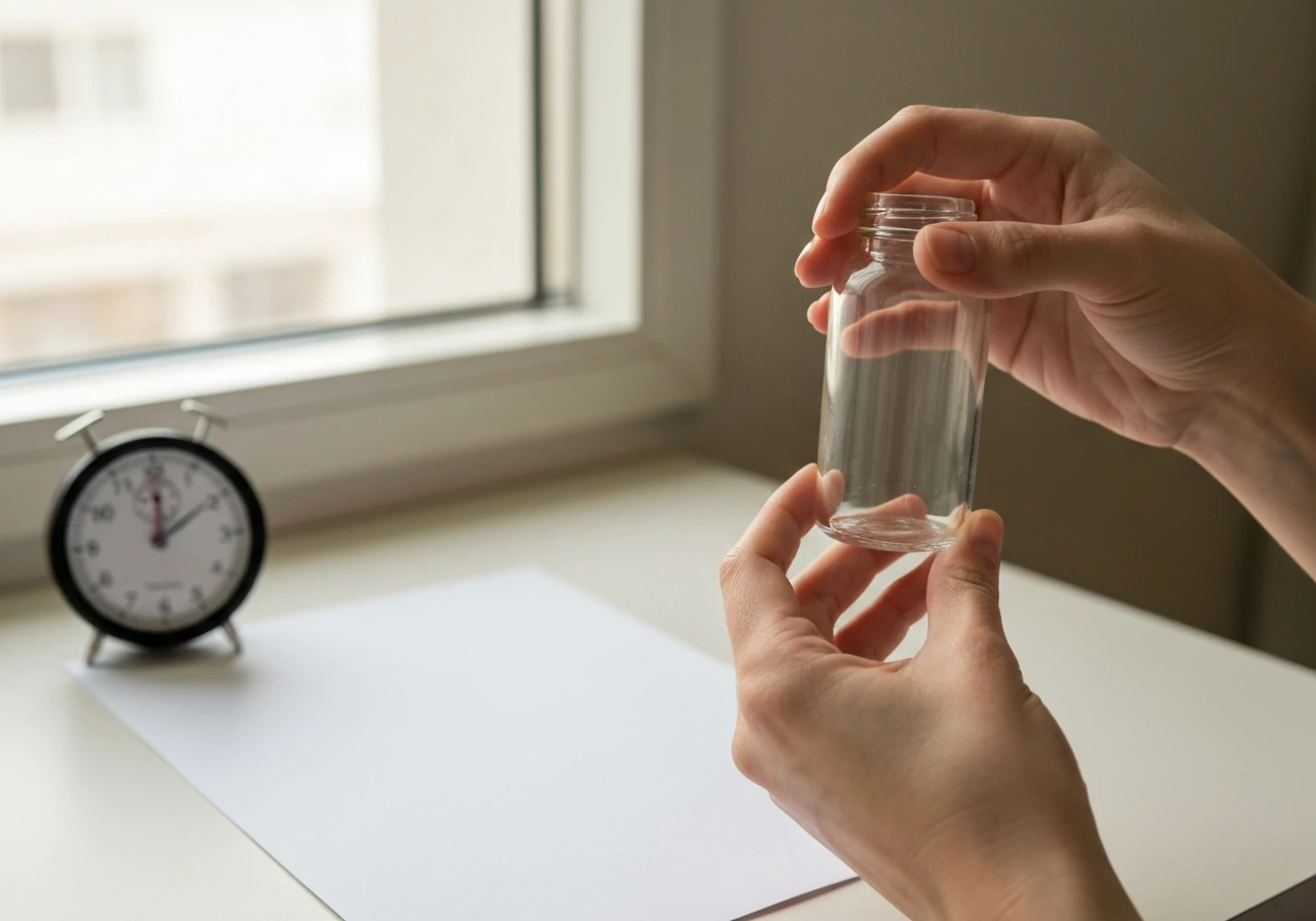Hands holding an unlabeled medicine bottle beside a simple kitchen timer in natural daylight