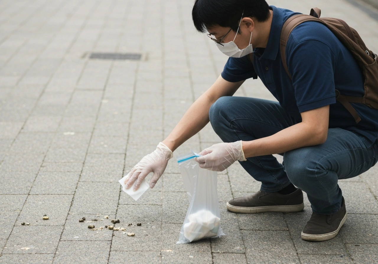 Gloved person gently wiping bird droppings with wet wipes and sealing used wipes in a bag